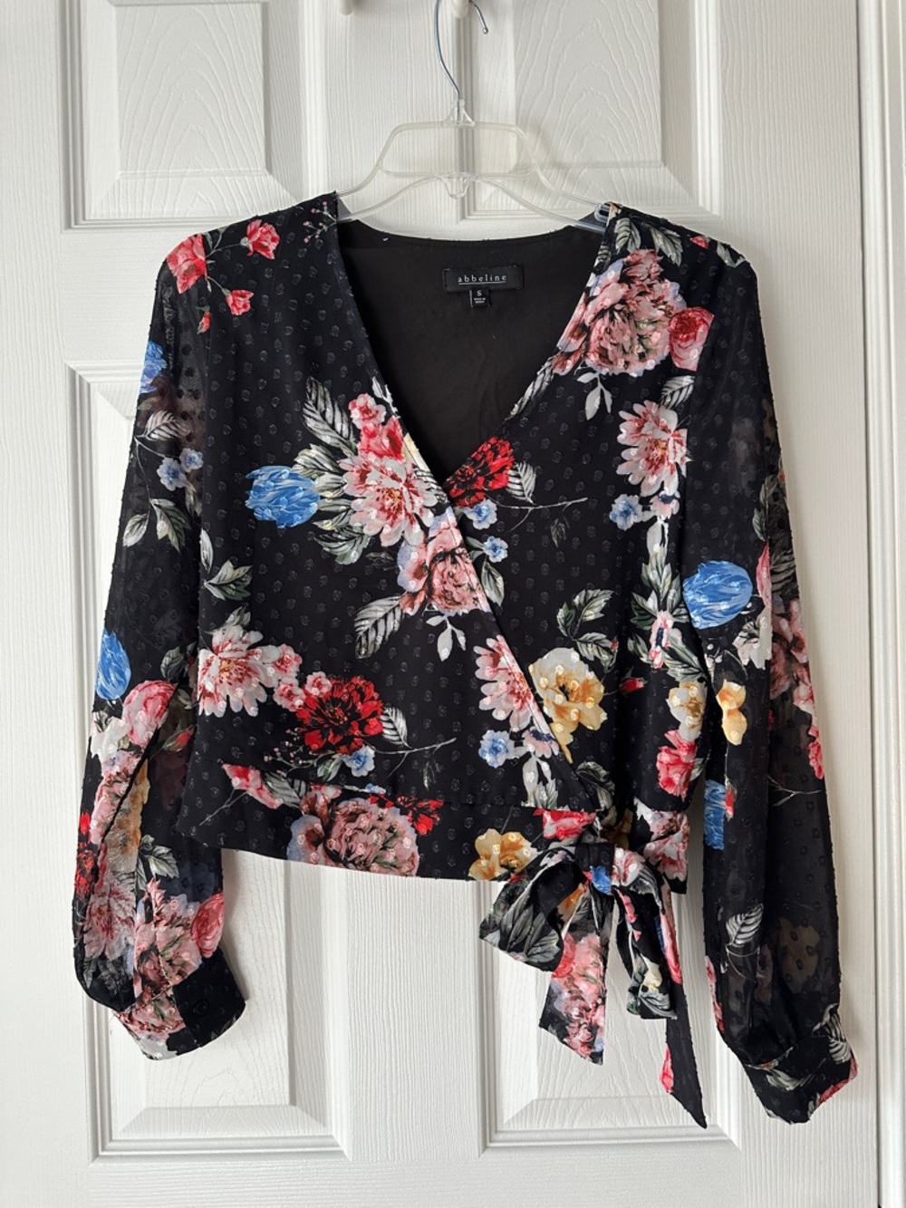 Abbeline Black Floral Wrap Blouse with Multicolor Blooms